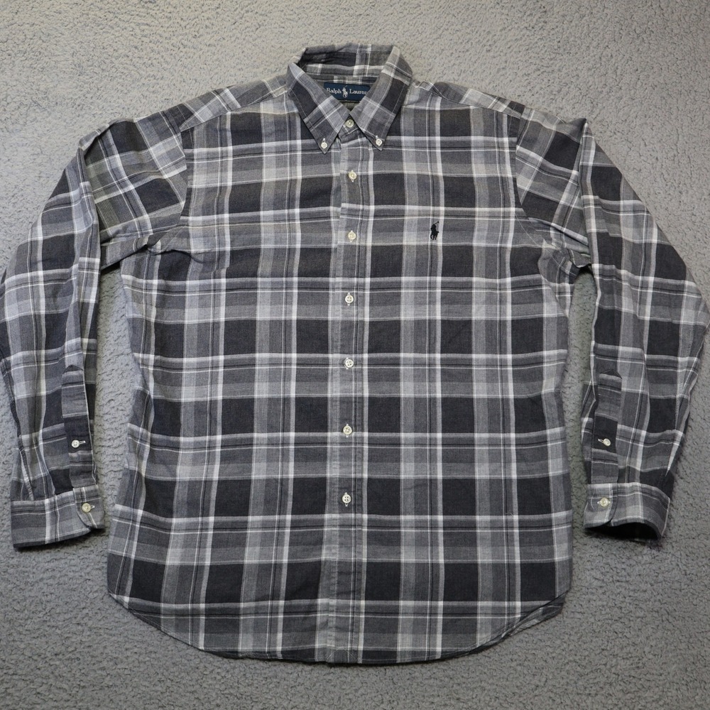 Polo Ralph Lauren Mens XL Custom Fit Plaid Button Down Shirt Gray Black Cotton‎